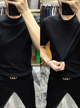 1913春季男士修身毛衫短袖T恤男黑色弹力舒适保暖半袖小衫针织衫