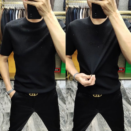 1913秋季男士修身毛衫短袖T恤男黑色弹力舒适保暖半袖小衫针织衫