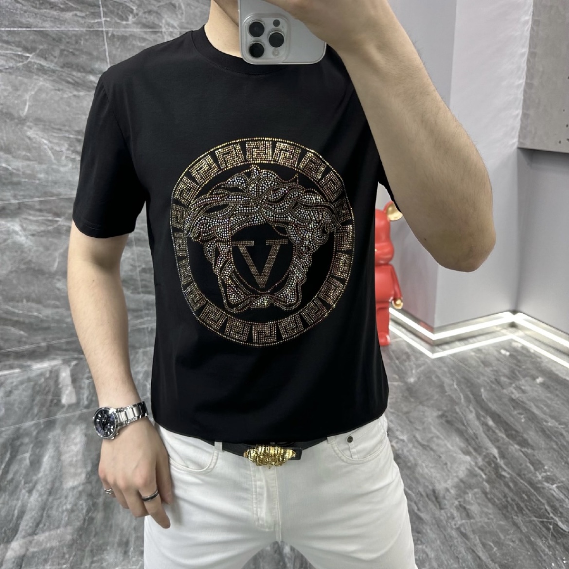 23080欧货夏季烫钻短袖t恤男修身透气上衣男薄款半袖小衫时尚男装