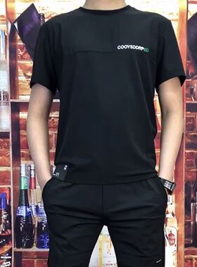 T004夏季男士牛奶丝休闲运动套装男轻薄透气冰丝短袖长裤两件套男