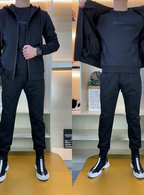 T819男士春季新款休闲运动卫衣套装潮流百搭男装时尚弹力三件套男