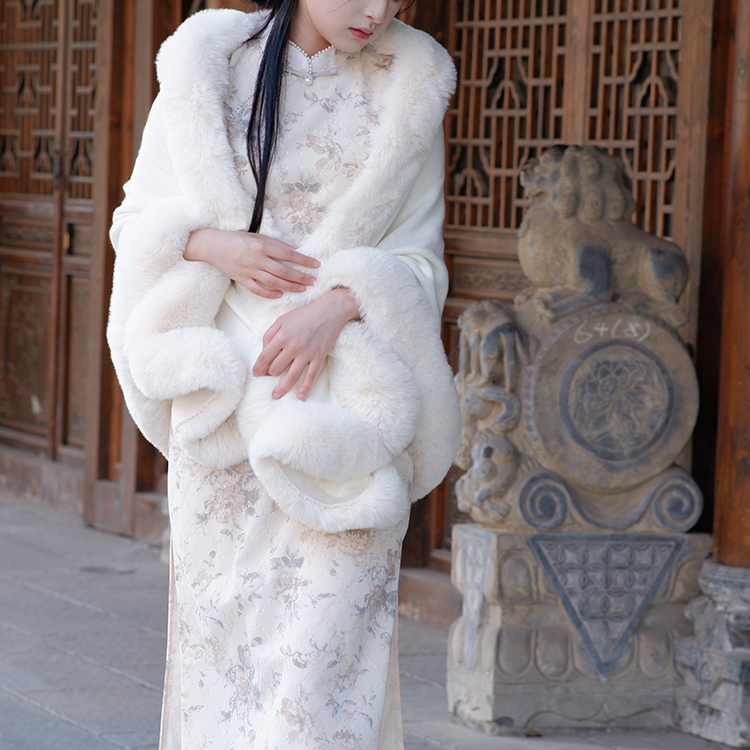 复古民国风仿皮草白色毛毛领斗篷披肩女旗袍外搭针织披肩春秋披风