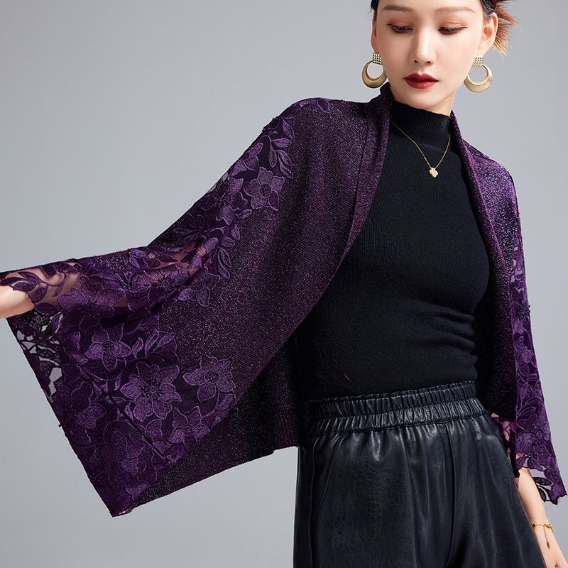 紫色喜婆婆妈妈婚宴旗袍披肩外搭针织斗篷外套女小个子刺绣蝙蝠袖