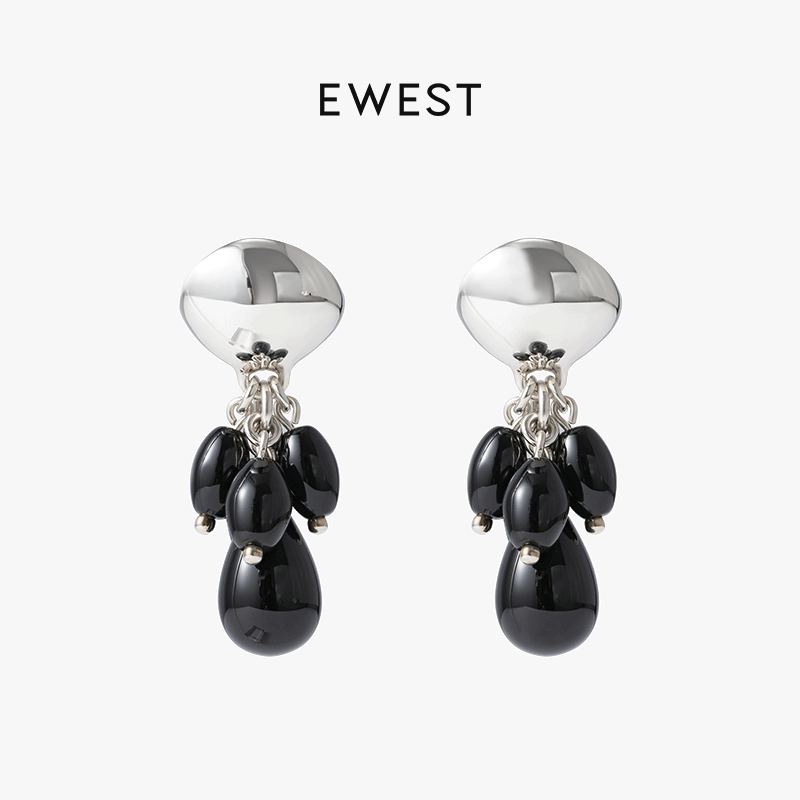 ewest 黑玛瑙多珠耳坠2025新款黑色耳钉女小众设计耳饰925银耳环