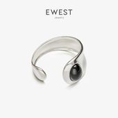 EWEST 新款 黑曜石镶嵌宽面银手镯女首饰高级银饰配饰轻奢开口腕饰
