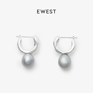 ewest 耳饰耳钉耳坠原创女气质小众耳环 FLOW灰珍珠曲线耳圈新款