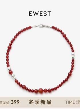ewest 红玛瑙串珠项链女秋冬红色原创设计感项饰小众毛衣链颈链