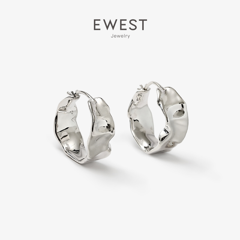 EWEST素圈褶皱肌理纯银耳环女小众设计耳饰简约耳钉耳坠高级耳圈