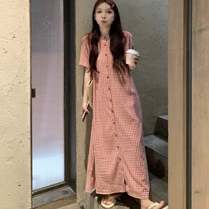 大码夏季胖妹妹mm宽松日系学院风立领单排扣过膝格子短袖长裙女潮