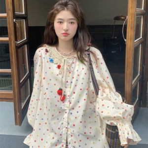 大码新款胖妹妹mm宽松秋季甜美手工钩花娃娃领彩色波点长袖衬衫女