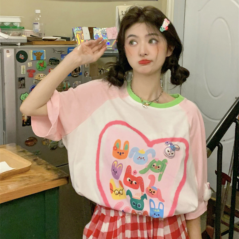 大码女装胖妹妹mm宽松夏季设计感小众印花立体兔子撞色短袖T恤ins_虎窝淘