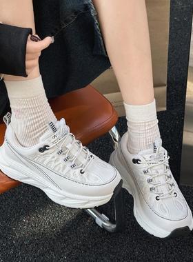 时代印象真皮网面小白鞋女2025春新款25172软中跟轻便系带休闲鞋