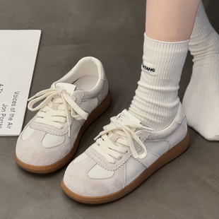 25228软低跟系带休闲鞋 时代印象磨砂皮牛皮拼色小白鞋 女2025春款