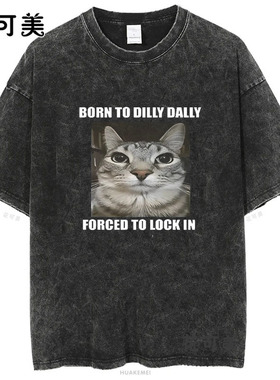 Born To Dilly Dally复古风猫咪印花短袖T恤男水洗做旧宽松创意