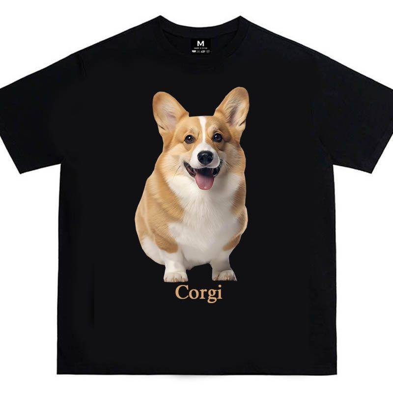 潮牌美式复古Corgi小众街头纯棉萌狗印花短袖T恤男女宽松百搭上衣