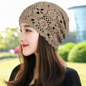女士帽子薄款 包头帽夏套头帽优雅针织帽单层网眼堆堆帽手工钩花帽