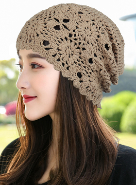 女士帽子薄款包头帽夏套头帽优雅针织帽单层网眼堆堆帽手工钩花帽