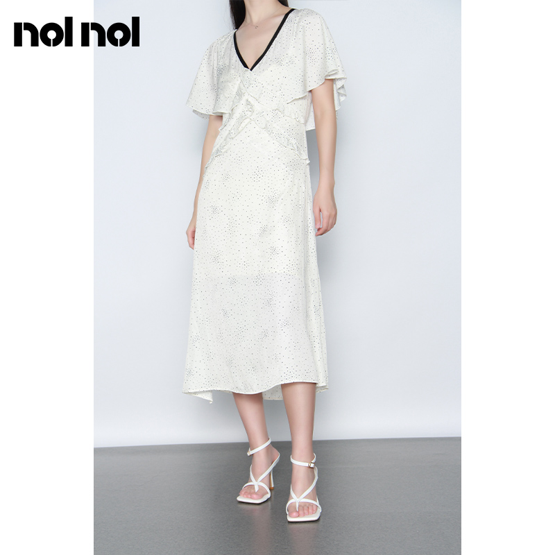 nolnol桔梗连衣裙法式小众收腰显瘦显高v领白色仙气长裙气质长款