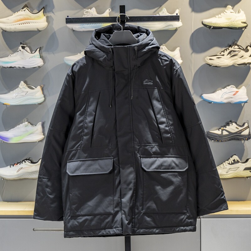 李宁中长款羽绒服男子2025冬季80%鸭绒保暖宽松连帽外套AYMV285