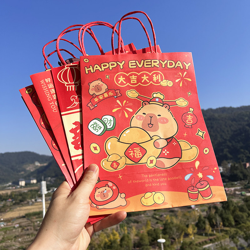 新年礼品袋牛皮纸袋2026马年春节手提袋子元旦红色礼盒包装袋定制