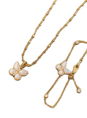 法式浪漫复古气质优雅拉丝白贝镶钻蝴蝶手链项链小众设计高级套装