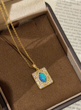 轻奢法式复古蔚蓝深海方牌欧泊镶钻项链小众时尚设计感精致锁骨链