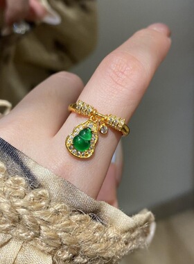 复古新中式国风祖母绿玉葫芦吊坠流苏戒指镶钻独特设计感气质指环