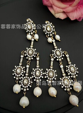 青岛中古饰品复古巴洛克珍珠流苏耳钉vintage长款高级感银针耳饰