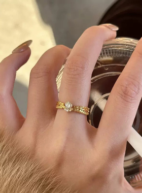 轻奢高级复古镶嵌圆钻麦穗戒指精致时尚中古气质小众设计感食指戒