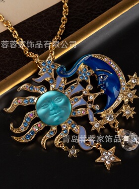 中古饰品批发欧洲古董摩恩脸太阳月亮日月vintage项链独特高级感