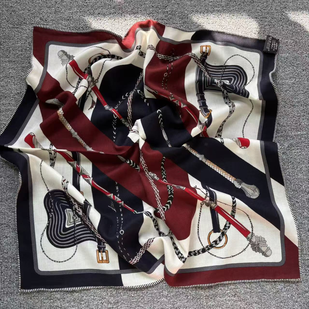 (色块缰绳)双面高档桑蚕丝羊毛手工卷边中方巾女装饰