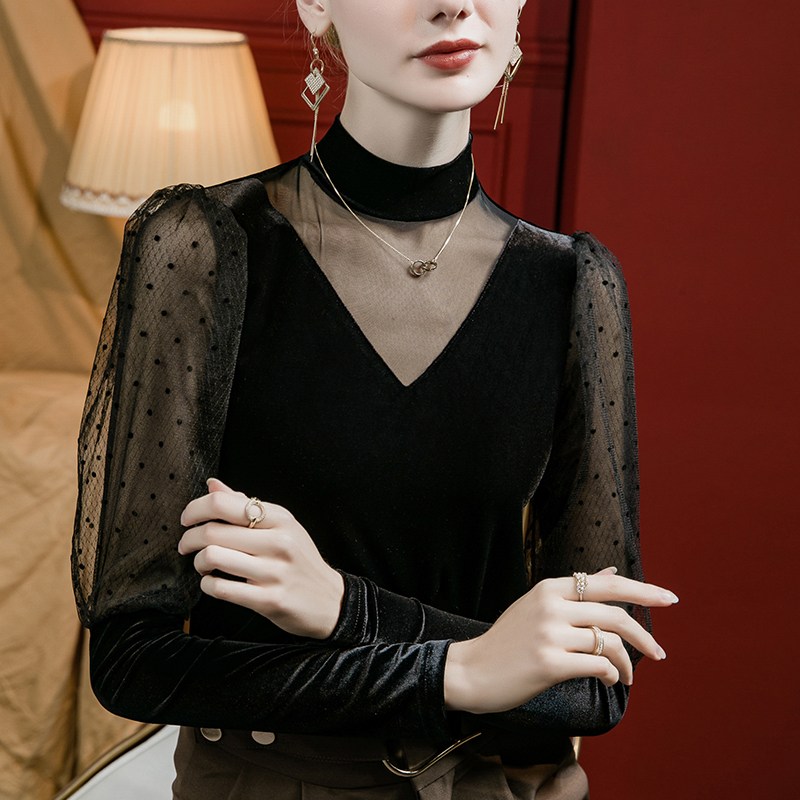 丝绒网纱拼接上衣女修身半高领