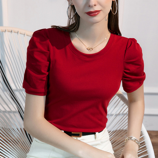 棉t洋气纯色女装 圆领泡泡袖 T恤女短袖 上衣 半袖 新款 2025夏季 法式