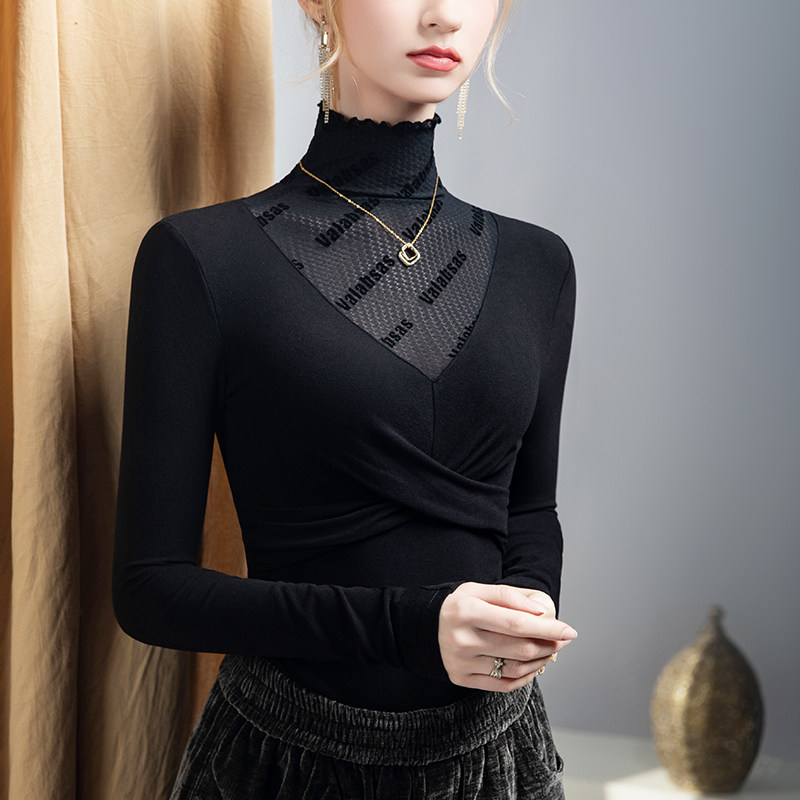 黑色高领字母植绒蕾丝打底衫女长袖2025秋冬拼接性感内搭女装上衣,女装/女士精品,T恤,淘宝优惠券,粉丝福利购,淘宝优惠卷