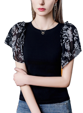 花瓣袖碎花雪纺拼接T恤女短袖
