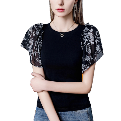 花瓣袖碎花雪纺拼接T恤女短袖