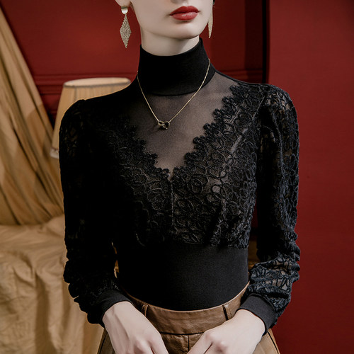 立领网纱拼接蕾丝小衫女2023秋季