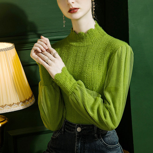 条纹高领磨毛蕾丝上衣女洋气