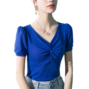 法式V领泡泡袖T恤女短袖修身2026春季新款棉t女装小衫纯色上衣