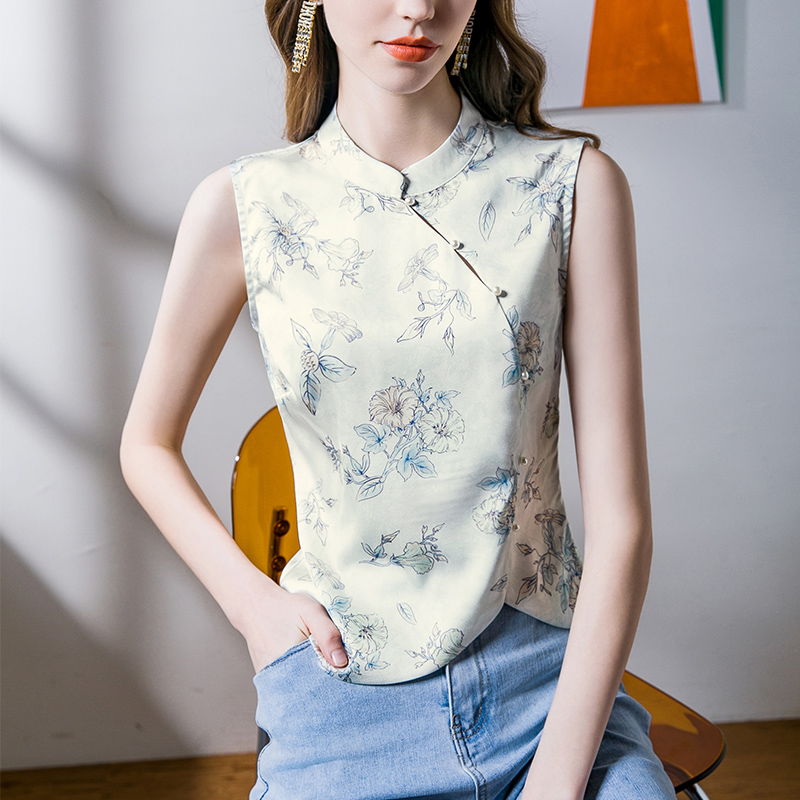 新中式旗袍领印花无袖上衣女