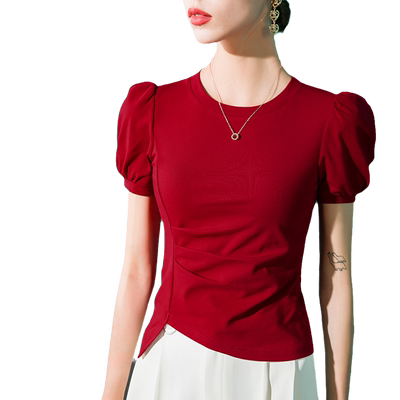 泡泡袖T恤女短袖修身褶皱