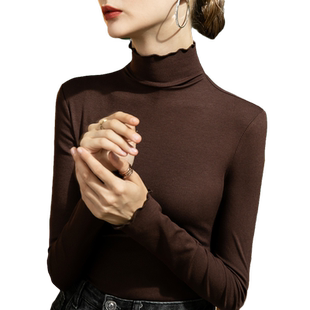 2026秋季新款高领打底衫女修身内搭纯色长袖百搭木耳边螺纹T恤