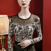 2026春季 女长袖 新款 复古印花女装 网纱拼接韩式 上衣小衫 蕾丝打底衫