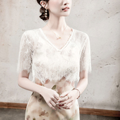 女半袖 连衣裙外搭上衣短袖 宽松短款 V领蕾丝衫 2026秋季 女装 罩衫
