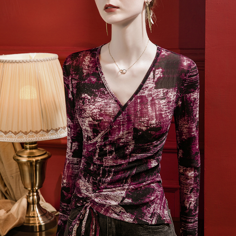 扎染印花网纱打底衫女修身