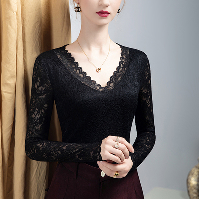 黑色蕾丝V领打底衫女长袖