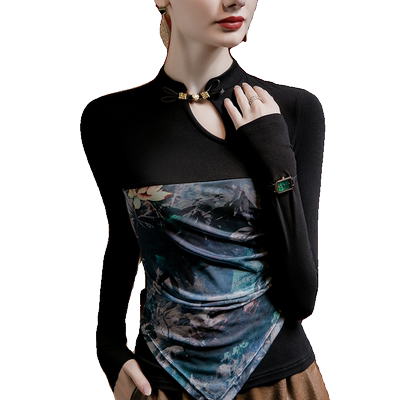 立领盘扣印花拼接打底衫女修身