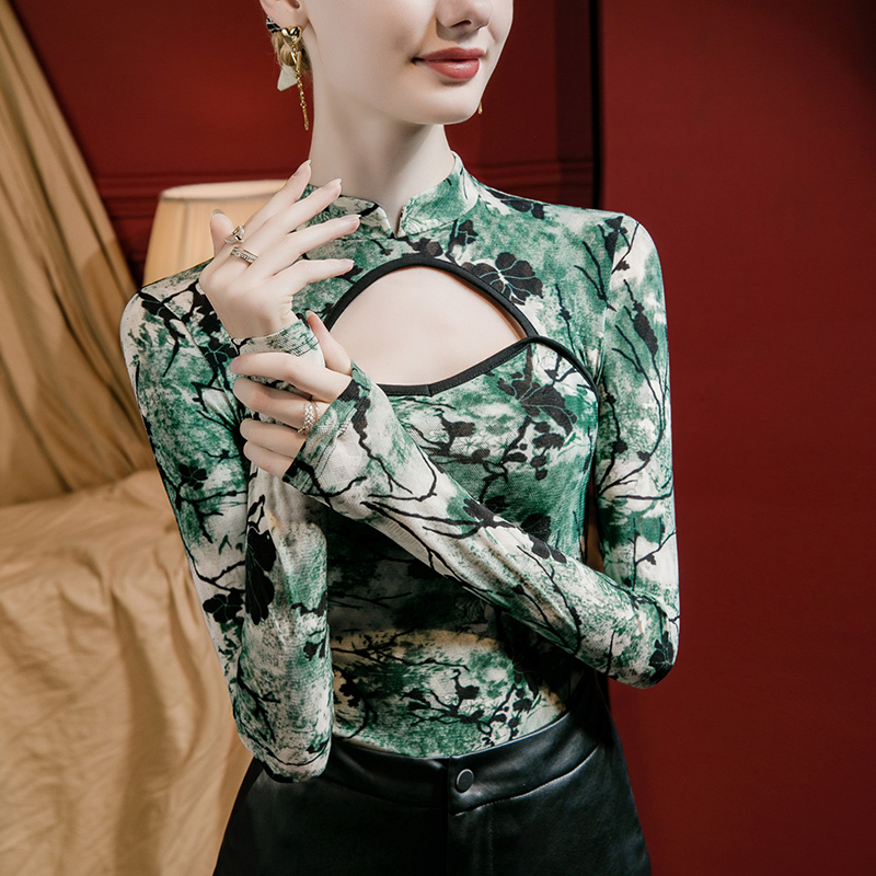 新中式立领印花上衣女修身镂空