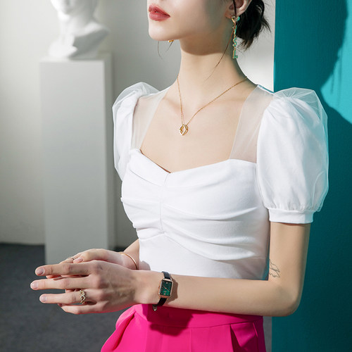 泡泡袖方领T恤女短袖洋气