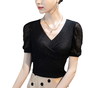 2025秋季新款亮丝V领T恤女短袖修身泡泡袖气质淑女上衣女装小衫